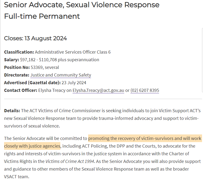 Work with us!
Our Victims of Crime Commissioner has 3 vacancies to join the new Sexual Violence Response team: providing trauma-informed advocacy &amp; support to victim-survivors of sexual violence in the ACT. Closes 13 Aug 👇 
jobs.act.gov.au/.../permanent/… #CanberraJobs #victimsupport