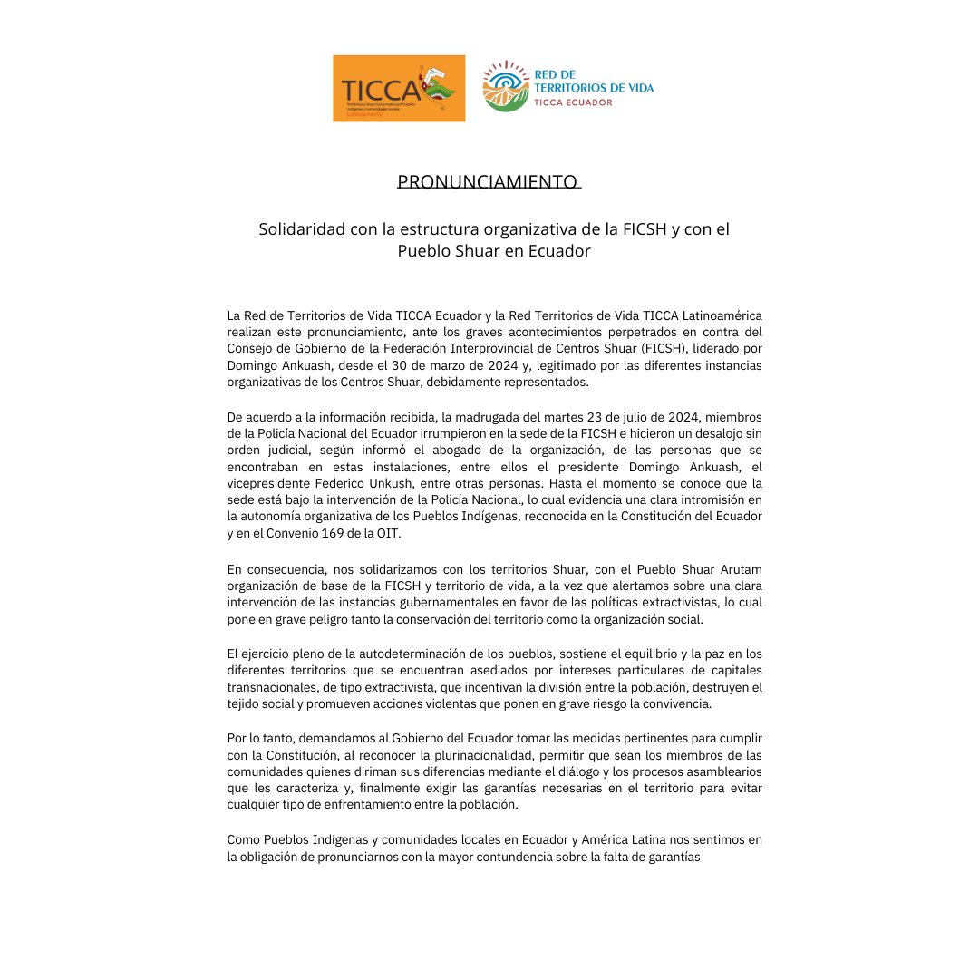 RedTiccaLA's tweet photo. 🚨PRONUNCIAMIENTO | Solidaridad con la estructura organizativa de la #FICSH y con el Pueblo #Shuar en Ecuador
Pronunciamiento completo:
https://t.co/kkIa5ptRsG
#TerritoriosDeVidaEc #TerritoriosDeVida #TICCAEcuador
#PSHA
#ticcalatinoamérica https://t.co/oKmTWd7eTU