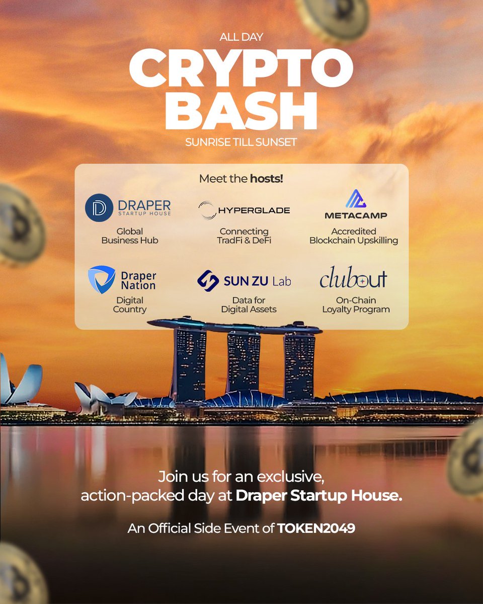 Vikram Bharati (@vikbharati) on Twitter photo Join us for an exclusive, action-packed day at Draper Startup House #Singapore on Sept 17 during <a href="/token2049/">TOKEN2049</a> week🚀
This event is organised by:
<a href="/dshglobal/">Draper Startup House</a> - Global Startup Communities
<a href="/DraperNationHQ/">Draper Nation</a> - Digital Country
<a href="/hyperglade/">Hyperglade</a> - Connecting DeFi & TradFi
<a href="/sunzulab1/">SUN ZU Lab</a> - Data Join us for an exclusive, action-packed day at Draper Startup House #Singapore on Sept 17 during <a href="/token2049/">TOKEN2049</a> week🚀
This event is organised by:
<a href="/dshglobal/">Draper Startup House</a> - Global Startup Communities
<a href="/DraperNationHQ/">Draper Nation</a> - Digital Country
<a href="/hyperglade/">Hyperglade</a> - Connecting DeFi & TradFi
<a href="/sunzulab1/">SUN ZU Lab</a> - Data