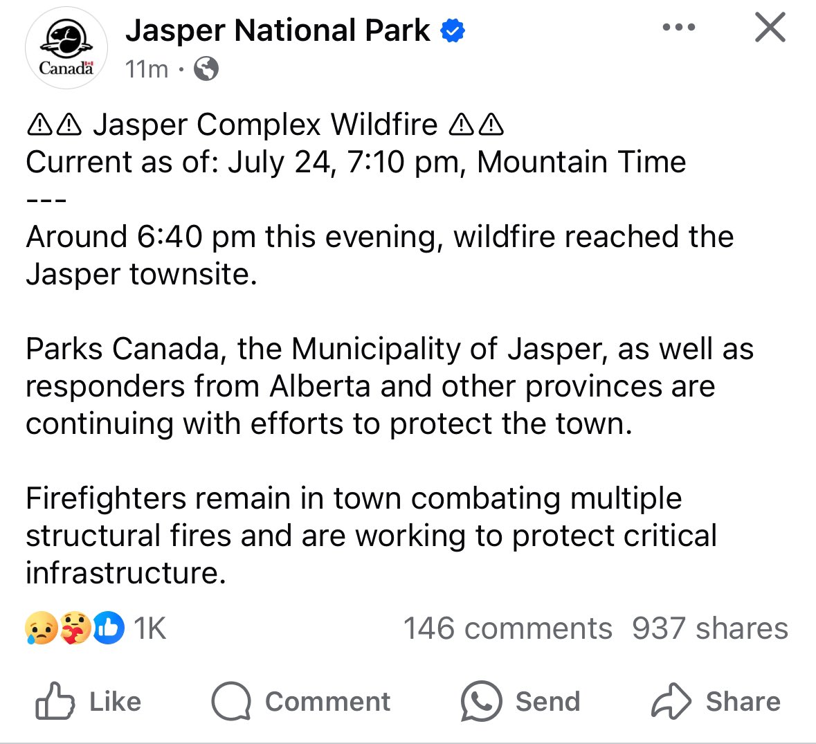 I’m just outside the Jasper National Park gates. According to Parks Canada, wildfire reached the town at 6:40 p.m.