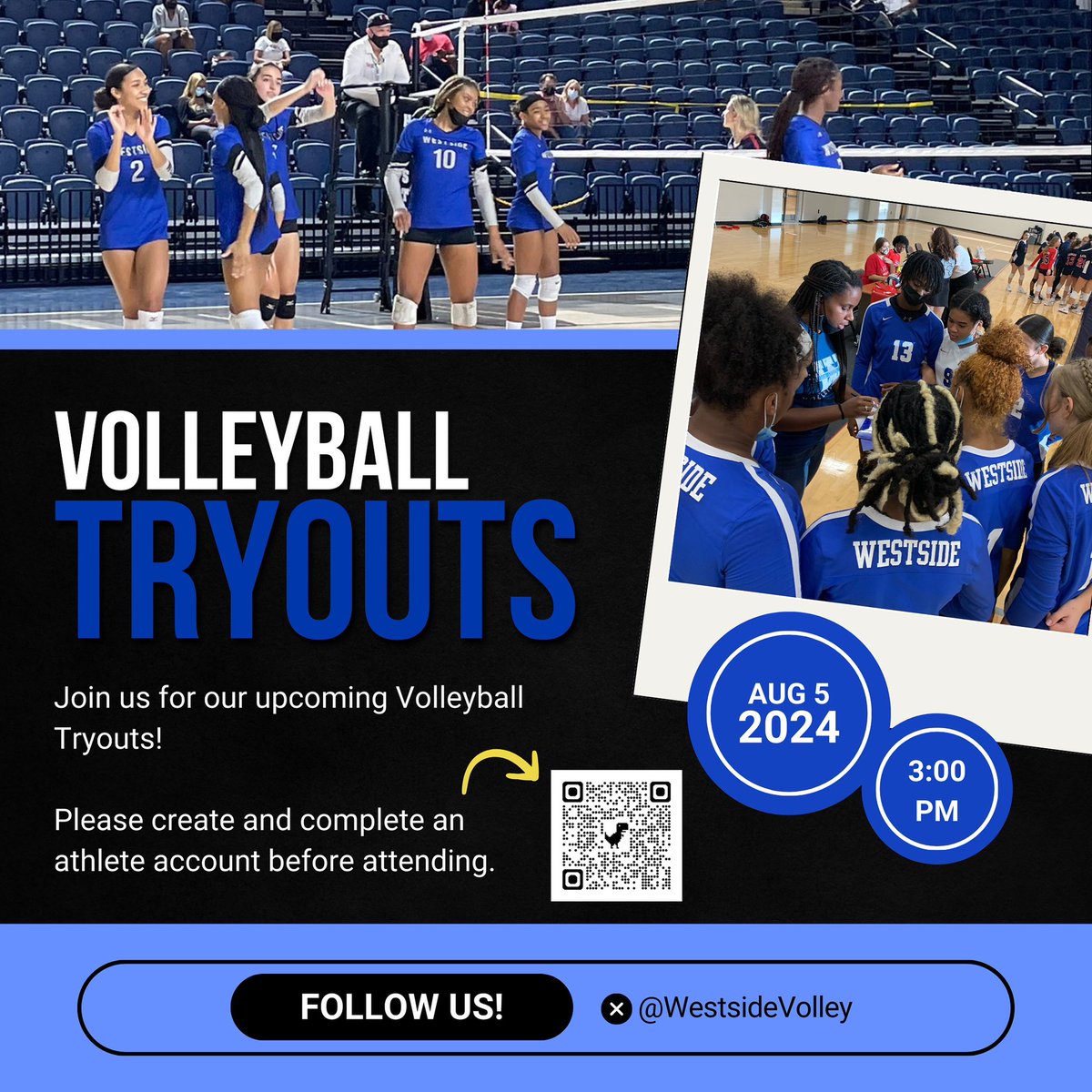Volleyball Tryouts Aug 5 at 3 PM at Westside HS