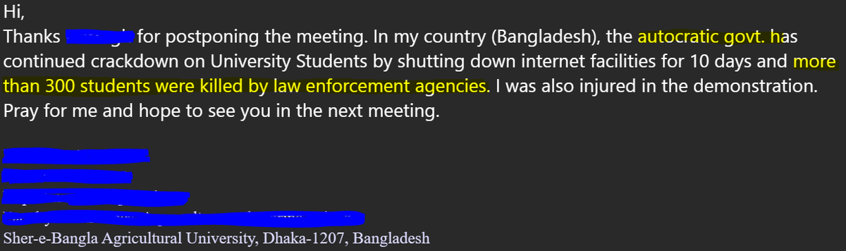 Received this devastating email from a collaborator in Bangladesh today.   

Science and free thought are openly persecuted in many places in the world. A reminder that every act is political, and that we must never take things for granted.  
#MarchForScience #Resist ✊