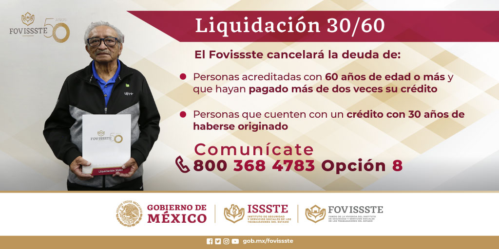 El Programa de liquidación 30/60 estará vigente hasta el 31 de diciembre de 2024.
Si tienes alguna duda llama al ☎️800 368 4783 opción 8️ 
#FovisssteResuelve