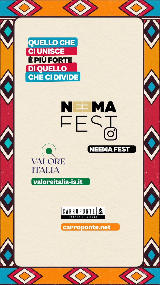 ItaliaValore's tweet photo. Valore Italia promuove la cultura afroitaliana con NeemaFest
https://t.co/UTm44kBjsm

É stata finalizzata pochi giorni fa la collaborazione reciproca tra Valore Italia e Neema Fest, l’unico festival italiano dedicato interamente alle sonorità afro contemporanee che si svolgerà domenica 21 luglio 2024 presso il Carroponte di Milano.

La mission di questa quarta edizione è interamente focalizzata sulla cultura afro-italiana, riprendendo proprio il significato stesso del nome scelto: Neema in italiano significa “prosperità” ed è proprio la ricchezza della cultura afro-italiana che viene messa in risalto. 

Assieme ad una kermesse di più di venti cantanti afro-italiani che si alterneranno sul palco ci saranno dj e ballerini rinomati, per concludere poi l’evento con una special guest d’eccezione: Fally Ipupa, artista congolese di fama internazionale che si esibirà in esclusiva assieme alla sua band al completo, accompagnata anche dal corpo di ballo. Non mancheranno stand gastronomici, artigianato e mostre.

Valore Italia valorizza e promuove la cultura africana e afro-italiana con un contest sul profilo Instagram @valore_italia che mette in palio i biglietti per poter accedere all’evento: su una serie di immagini proposte che evocano le opere di grandi artisti africani o afro-italiani, si sceglie lo scatto più suggestivo e si commenta con le proprie motivazioni sul profilo Instagram di Valore Italia. I pensieri più interessanti e stimolanti si aggiudicheranno i biglietti per il Neema Fest!