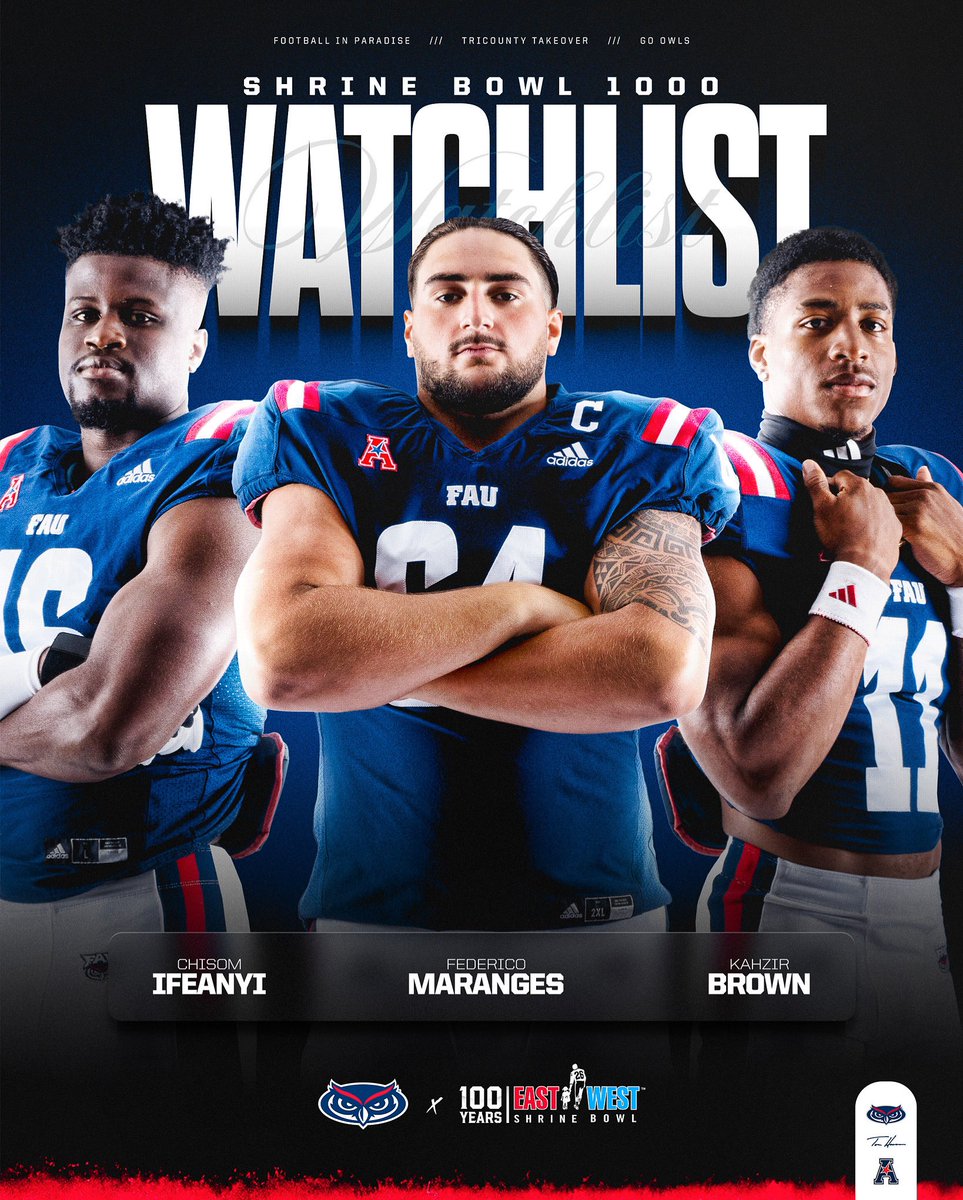 Florida Atlantic Football (@faufootball) on Twitter photo Watch out for these Owls!👀
2024 <a href="/ShrineBowl/">East-West Shrine Bowl</a> 1000 watchlist⬇️
#TriCountyTakeover
#WinningInParadise Watch out for these Owls!👀
2024 <a href="/ShrineBowl/">East-West Shrine Bowl</a> 1000 watchlist⬇️
#TriCountyTakeover
#WinningInParadise