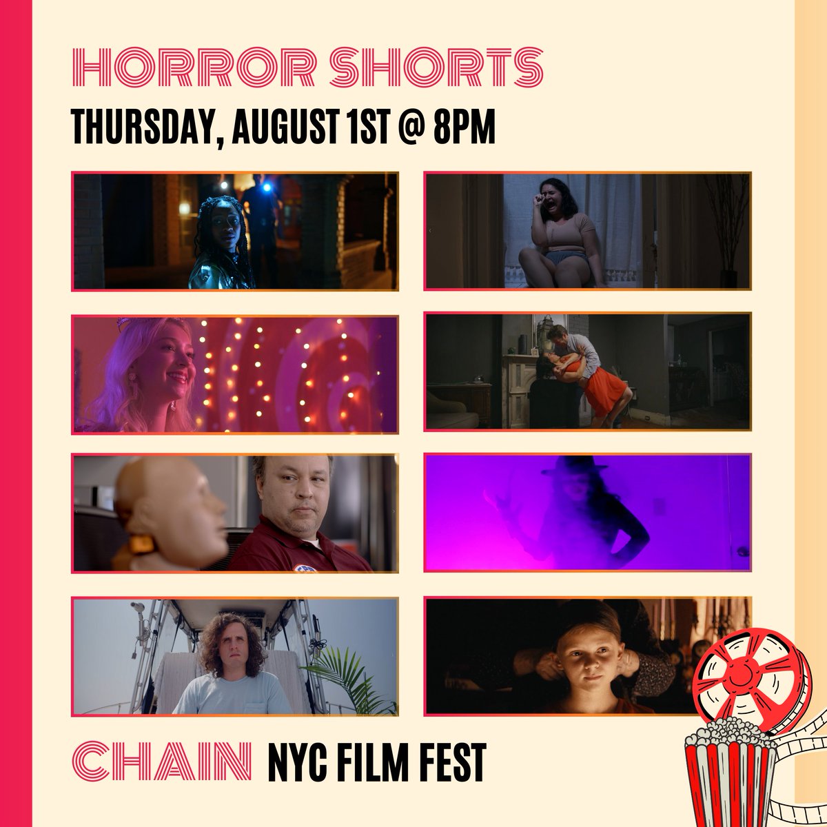 Horror
Thursday, August 1 - 8pm
Tickets: ow.ly/xRLM50SJEH1

Cutter 

Dummy

Frederika

Jinx

Perfect 

That Which Binds Us 

The Unquiet Dead 

Three Baths 

#horror #horrorfilm #horrorshort #shortfilm #chainfilmfest #filmfest #filmfestival #nycfilm