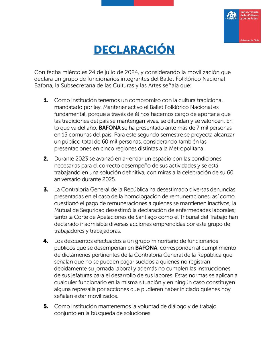 🔴 Declaración pública 🔴

Con fecha miércoles 24 de julio de 2024, y considerando la movilización que declara un grupo de funcionarios integrantes del Ballet Folklórico Nacional
Bafona, la Subsecretaría de las Culturas y las Artes entrega el siguiente comunicado.
