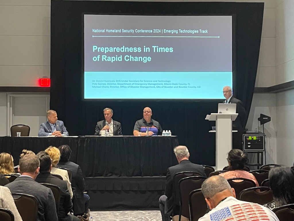 dhsscitech's tweet photo. 2024 National Homeland Security Conference: Day 2 concluded with Dr. Kusnezov's inspiring session on preparing for rapid change. Miami-Dade &amp; Boulder experts joined the discussion, sharing insights on building resilience through innovation. Stay tuned for more. #NHSC2024 https://t.co/oPIFpmQiHx