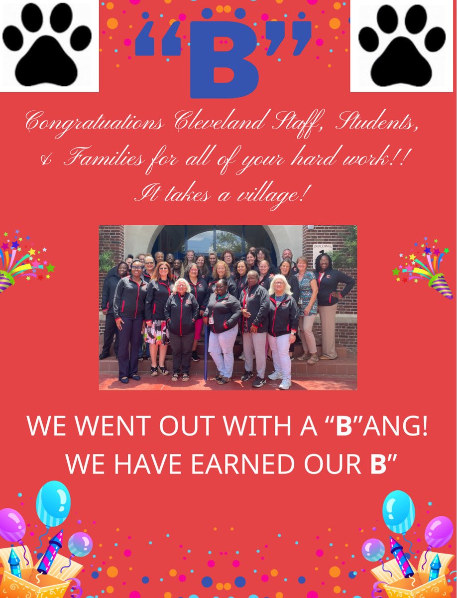 Cleveland Elementary (@clevelandhcps) on Twitter photo We did it! We earned our school grade of a “B”! Staff, Students, and Families,
Thank you for all of your hard work! It truly takes a village!! #ClevelandStrong We did it! We earned our school grade of a “B”! Staff, Students, and Families,
Thank you for all of your hard work! It truly takes a village!! #ClevelandStrong