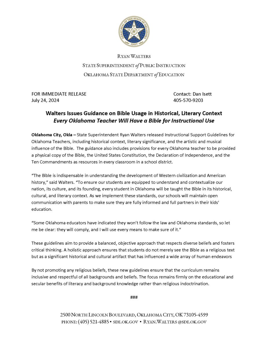 oksde's tweet photo. "To ensure our students are equipped to understand and contextualize our nation, its culture, and its founding, every student in Oklahoma will be taught the Bible in its historical, cultural, and literary context." @OkSuptWalters https://t.co/Bl097kmxki