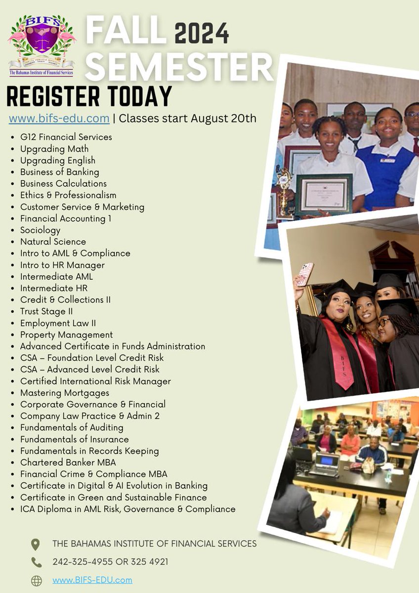 🎓 Enroll Today for Fall Semester 2024 at The Bahamas Institute of Financial Services! 🌴 Classes begin on August 20th, 2024.

🔗 Register Now (click here): bifs-edu.com/semester

For more information, call 📞 1-242-325-4955/325-4921
#Education #FinancialServices #TheBahamas
