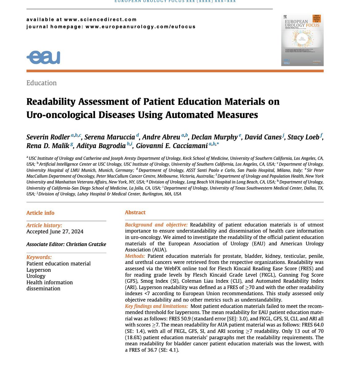 Cacciamani_MD's tweet image. #Readability of patient education materials in uro-oncology

📉 Most materials fail to meet readability standards
📊 Mean FRES scores: EAU 50.9, AUA 64.0 (it should be 80!!)
📑 Only 18.6% met readability criteria

We need to do more; we must do better for our #patients!…