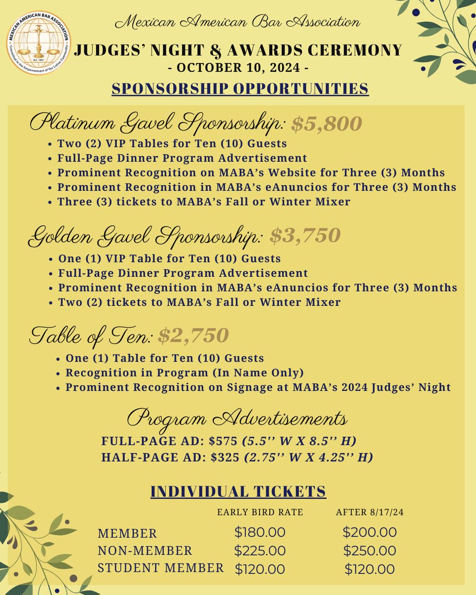 We are happy to announce our sponsorship opportunities and ticket types for MABA's 2024 Judges' Night and awards ceremony ✨ 

Please visit mabaattorneys.com/event-5766580 to register online. For sponsorship inquiries, please email the MABA administrator at admin@mabaattorneys.com