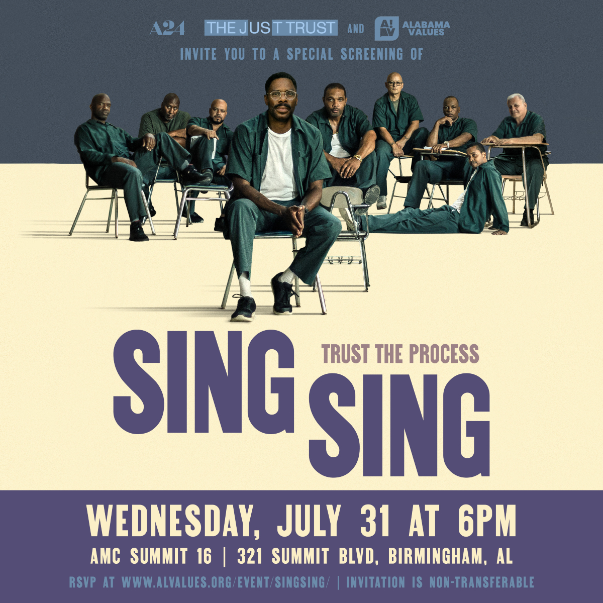 Alabama Values has partnered with A24 Films and The Just Trust to host a private screening of Sing Sing, starring Colman Domingo. The event kicks off Alabama Values' Justice in Focus narrative initiative.

Space is limited. Must RSVP to attend.