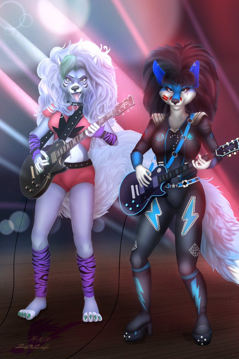Roxxy_N_Roll's tweet image. Finished KISS inspired piece Ft. Roxanne Wolf and Kate on stage to “Rock n Roll all night”!

A Super fun, and Totally Rad piece!!! 
Rock on, Creatures of the night 😎🐺🎸

Roxanne Wolf-FNAF
Kate- KateElectric ❤

#FURRY #furryart