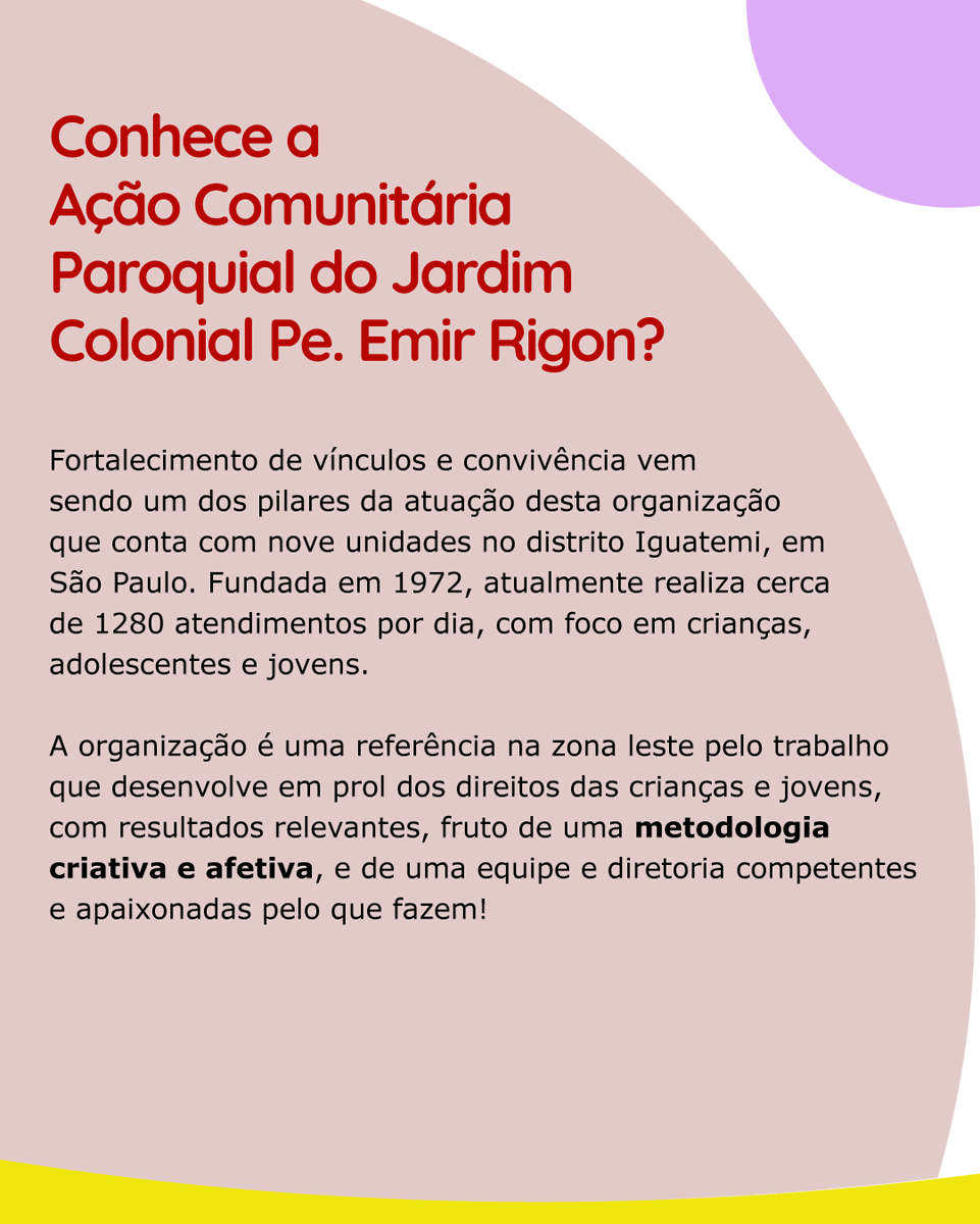 FICAS_SP's tweet photo. #NossaRede Conheça o trabalho com crianças e jovens da Ação Comunitária Paroquial do Jd. Colonial, que contribui para o fortalecimento dos vínculos familiares e comunitários e para a ampliação do exercício da cidadania!  Visite também: https://t.co/NYlsaUK1WM. https://t.co/fgAf8k5aSA