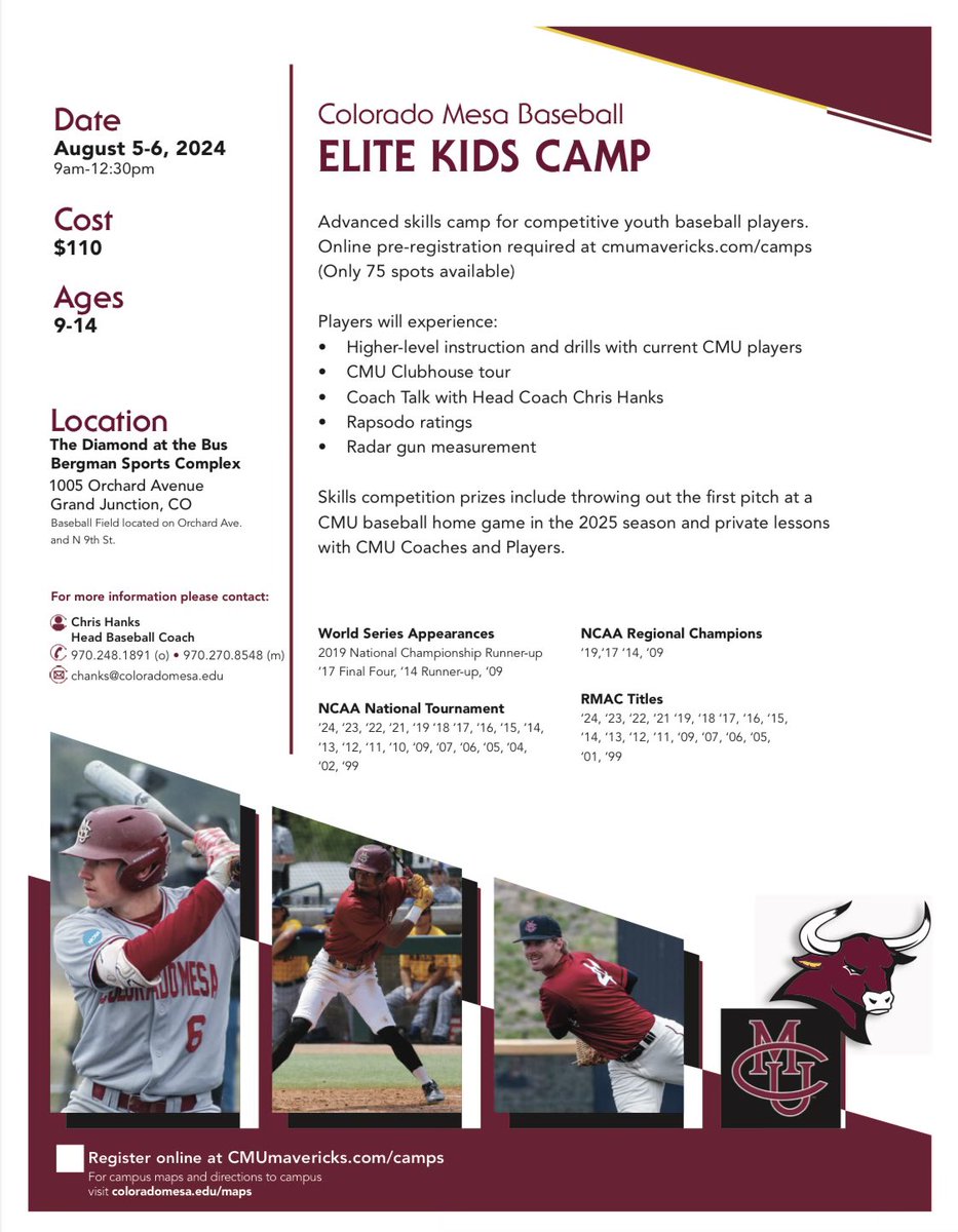 CMU Mavs Baseball (@cmumavsbaseball) on Twitter photo CALLING ALL KIDS IN THE VALLEY!
Sign up now for our annual end-of-summer Elite Kids Camp. Only 2 weeks away
2 mornings of baseball fun at The Diamond, August 5&6! 
🔗: secure.touchnet.com/C21035_ustores…
#RumbleMavs #ThisIsThePlace CALLING ALL KIDS IN THE VALLEY!
Sign up now for our annual end-of-summer Elite Kids Camp. Only 2 weeks away
2 mornings of baseball fun at The Diamond, August 5&6! 
🔗: secure.touchnet.com/C21035_ustores…
#RumbleMavs #ThisIsThePlace