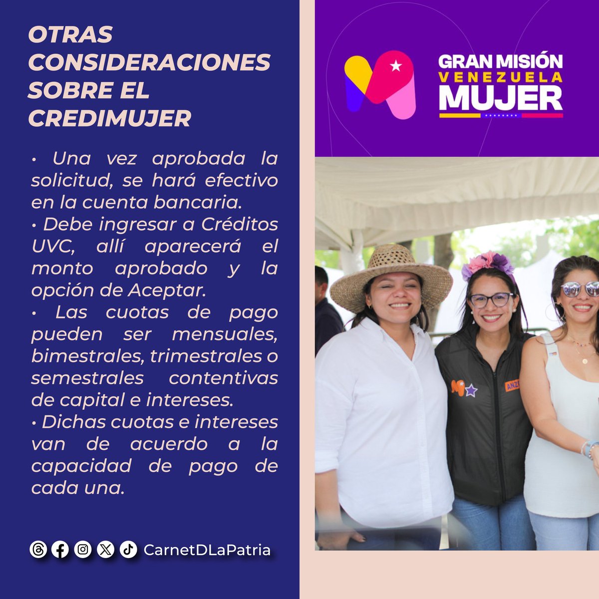 #ATENCIÓN 🗣️📢 Mujeres! El #SistemaPatria te invitaa registrarte en la #GranMisiónVenezuelaMujer.

Aquí los pasos para optar por el #Credimujer. 👇

#CunaDeLibertadores #24Jul