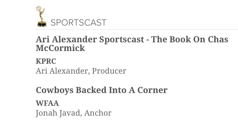 AriA1exander's tweet image. Excited to earn 2️⃣ more Emmy Nominations!

🏆 Sports Anchor

🏆 Sportscast