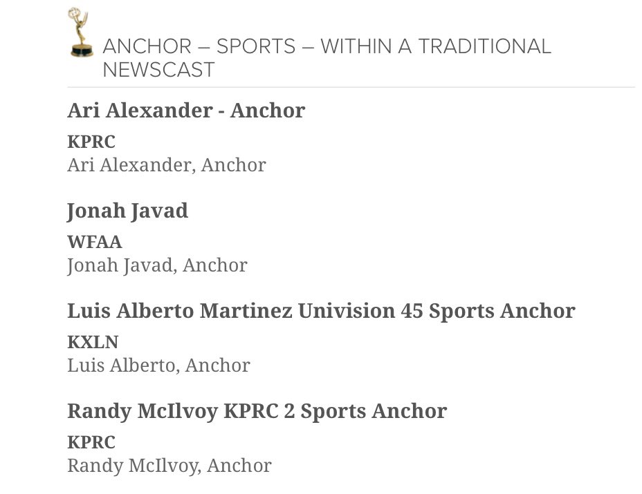 AriA1exander's tweet image. Excited to earn 2️⃣ more Emmy Nominations!

🏆 Sports Anchor

🏆 Sportscast