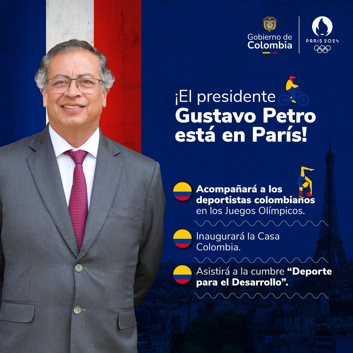infopresidencia's tweet photo. 🇨🇴🇫🇷 El Presidente @petrogustavo ya se encuentra en París, Francia, para apoyar a la delegación colombiana en los Juegos Olímpicos de #Paris2024. 

Durante su visita, el mandatario inaugurará la Casa Colombia y se reunirá con la comunidad colombiana en Francia, así como con los atletas que representarán a Colombia en estas competiciones. Además, el jefe de Estado asistirá a la cumbre “Deporte para el Desarrollo”.
