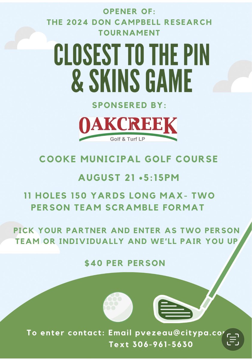 You don’t want to miss the opener of the 2024 Don Campbell Research Tournament. One month away! August 21 <a href="/CookeMunicipal/">Cooke Municipal Golf</a> Hosted by <a href="/pmvez/">Pierre Vezeau</a> Sponsored by Oakcreek Golf &amp; Turf <a href="/brandonoakcreek/">Brandon McCormick</a>