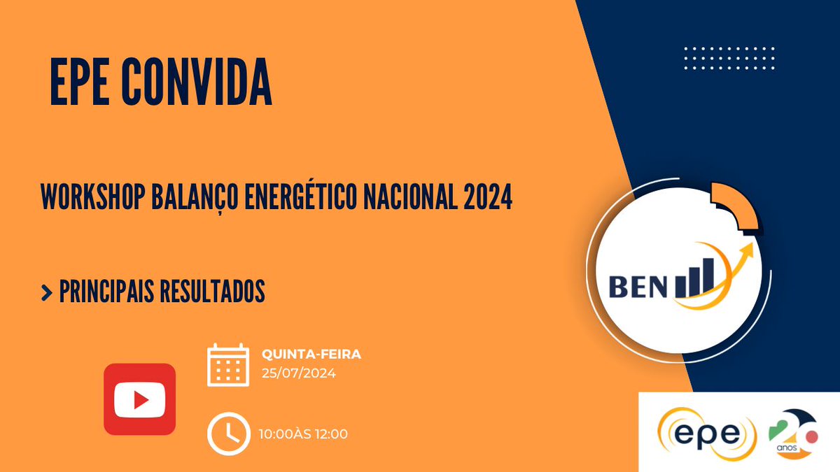 EPE_Brasil's tweet photo. É amanhã, às 10h. Inscreva-se no canal para ser notificado: https://t.co/C6JwOKSZ7m #BEN #BalançoEnergeticoNacional #evento https://t.co/8FcdGLe134