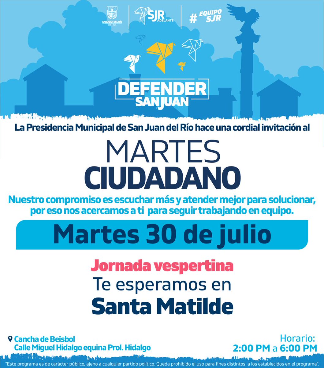 PresidenciaSjr's tweet photo. 👉 ¡Nos vemos en el #MartesCiudadano! 👀 Te invitamos a participar en nuestra Jornada vespertina el próximo martes 30 de julio 📅
📍Santa Matilde
⏰De 2:00 PM a 6:00 PM
🤝 ¡No faltes! #DefenderSanJuan #EquipoSJR https://t.co/KOUevXfeyp