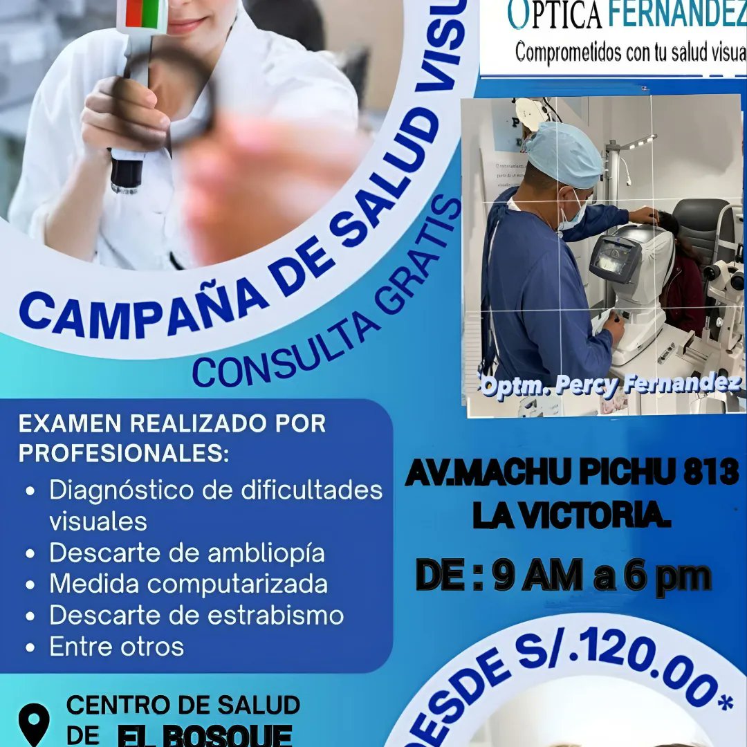 pdfernandez33's tweet photo. _¡Fiestas Patrias 
CONSULTA 
GRATIS TODO JULIO_
1. Agudeza visual
2. Medida de vista computarizada
- Teléfono: 955526058 / 927234033
- Dirección: Av. Machu Picchu 813, frente al Centro de Salud El Bosque, La Chiclayo 
¡Viva el Perú! ¡Viva la visión saludable!_ https://t.co/R5u1oC7XCx