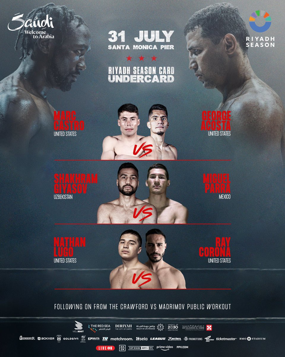 Turki_alalshikh's tweet photo. 6 ملاكمين من الـ Undercard في 3 مواجهات حماسية في #RiyadhSeasonCard 🔥🥊

يوم 31 يوليو 🗓
شاطئ سانتا مونيكا 📍

الفعالية مجانية 😍 https://t.co/J5y75n6RuY