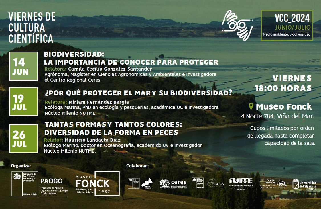 Núcleo Milenio NUTME (@nucleo_nutme) on Twitter photo ¡Viernes 26 de julio! Mauricio Landaeta <a href="/landaicio/">Mauricio</a>, uno de nuestros investigadores principales, dará charla sobre la diversidad de formas y colores de peces.
🐟🐠🦈
18:00, Museo Fonck > parte del ciclo Viernes de Cultura + Ciencia. Entrada liberada.
<a href="/CentrosAnid/">Centros ANID</a> <a href="/InvestigandoUV/">Investigando UV</a> ¡Viernes 26 de julio! Mauricio Landaeta <a href="/landaicio/">Mauricio</a>, uno de nuestros investigadores principales, dará charla sobre la diversidad de formas y colores de peces.
🐟🐠🦈
18:00, Museo Fonck > parte del ciclo Viernes de Cultura + Ciencia. Entrada liberada.
<a href="/CentrosAnid/">Centros ANID</a> <a href="/InvestigandoUV/">Investigando UV</a>