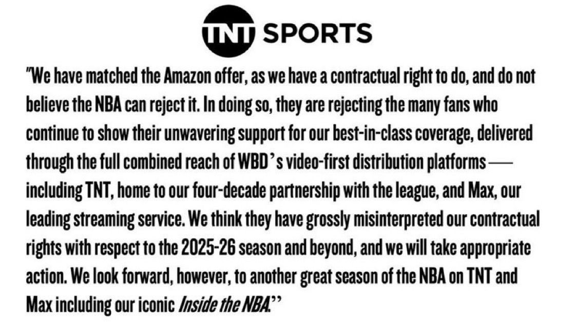 LakeShowYo's tweet photo. BREAKING: TNT will sue the NBA for switching to Amazon 😳 https://t.co/soaknp4h9h