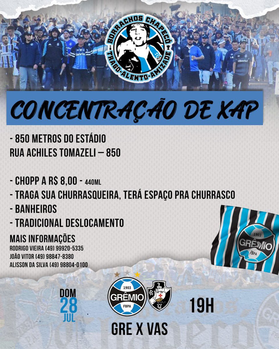Borrachoscco's tweet photo. Nossa tradicional concentração pré jogo do Grêmio em Chapecó irá ocorrer domingo no salão comunitário do Bairro Santa Maria a partir das 9h! 

* Traga sua churrasqueira que haverá espaço para fazer seu assado. (Excursões)
* ⁠Gremistas de Chapecó, traz seu pedaço que assamos. https://t.co/9beR83rUHS