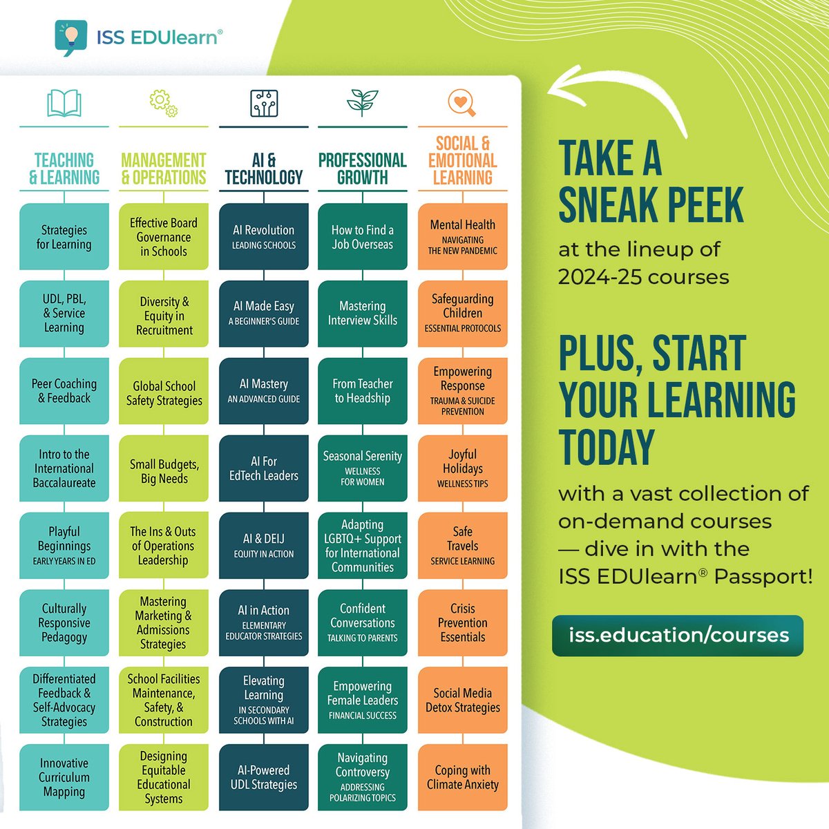 Sneak peek! Stay tuned for the 40 new ISS EDUlearn® courses launching this 2024-25 school year. In the meantime, start your learning today with a vast collection of on-demand courses at iss.education/courses — all included in the ISS EDUlearn® Passport! #ISSedu #EdChat