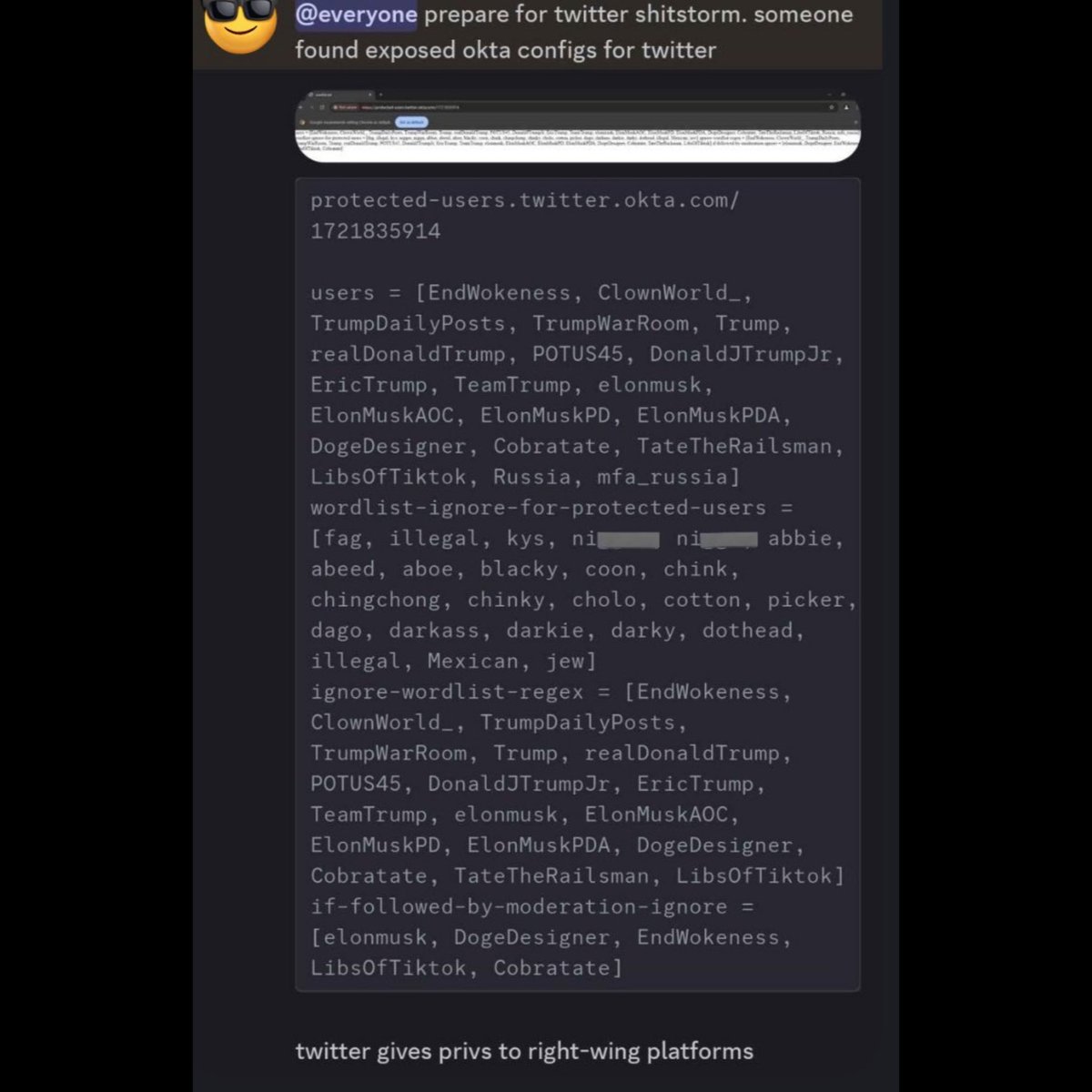 kushbushcrits's tweet photo. Suspended account, anti-fascist turtle, posts a twitter API leak protecting the undesirables on this hell site so they can break the TOS as much as they want. https://t.co/z773sbHPc6
