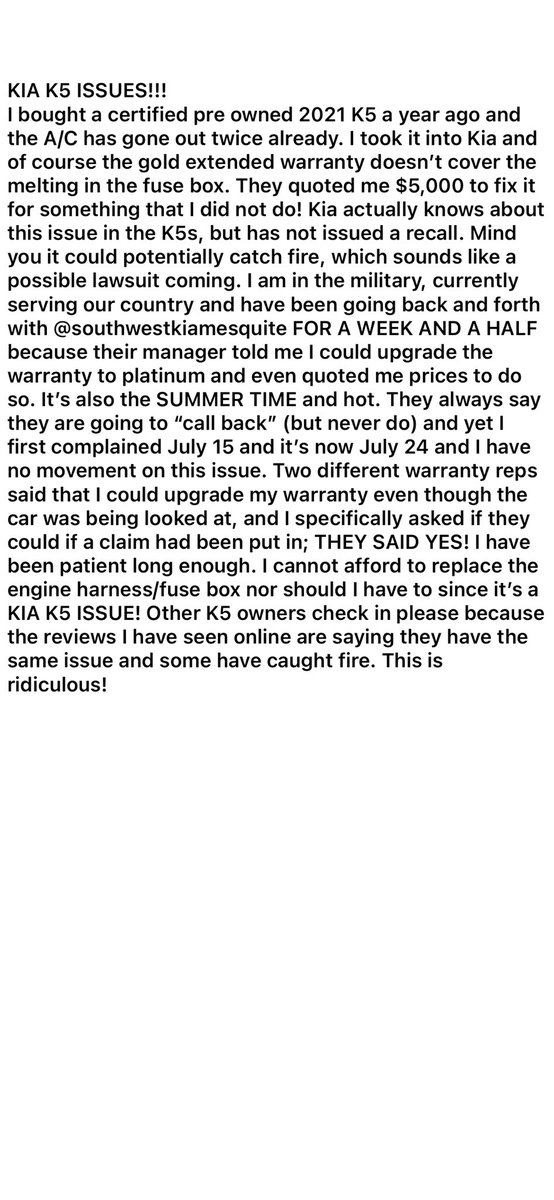 mg_three's tweet photo. @Kia  I cannot afford to replace the engine harness/fuse box nor should I have to since it’s a KIA K5 ISSUE! Other K5 owners check in please because the reviews I have seen online are saying they have the same issue and some have caught fire. This is ridiculous! https://t.co/F2DSOH1Mki