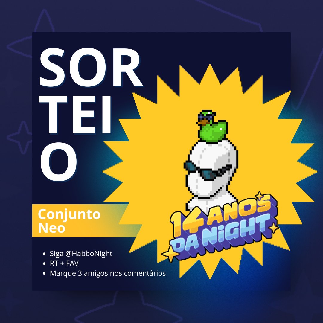 😎 SORTEIO GLOBAL 😎

Estaremos dando a 5 vencedores a chance de conquistar um Conjunto Neo!

Requisitos:
🦜 RT + FAV
🦜 Siga @Habbonight
🦜 Marque 3 amigos

Participe até domingo, 28/07! #Habbo
