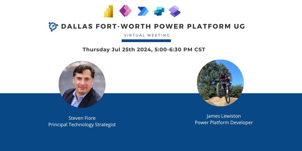 📢 Join the next virtual Dallas #PowerPlatform UG (7/25 5pm CT) and be part of the conversation at the forefront of innovation💡

Event: rebrand.ly/dppugjul

Agenda:
🔹 Steven Fiore &amp; James Lewiston: Discover how #CopilotStudio is reshaping enterprise AI strategies
