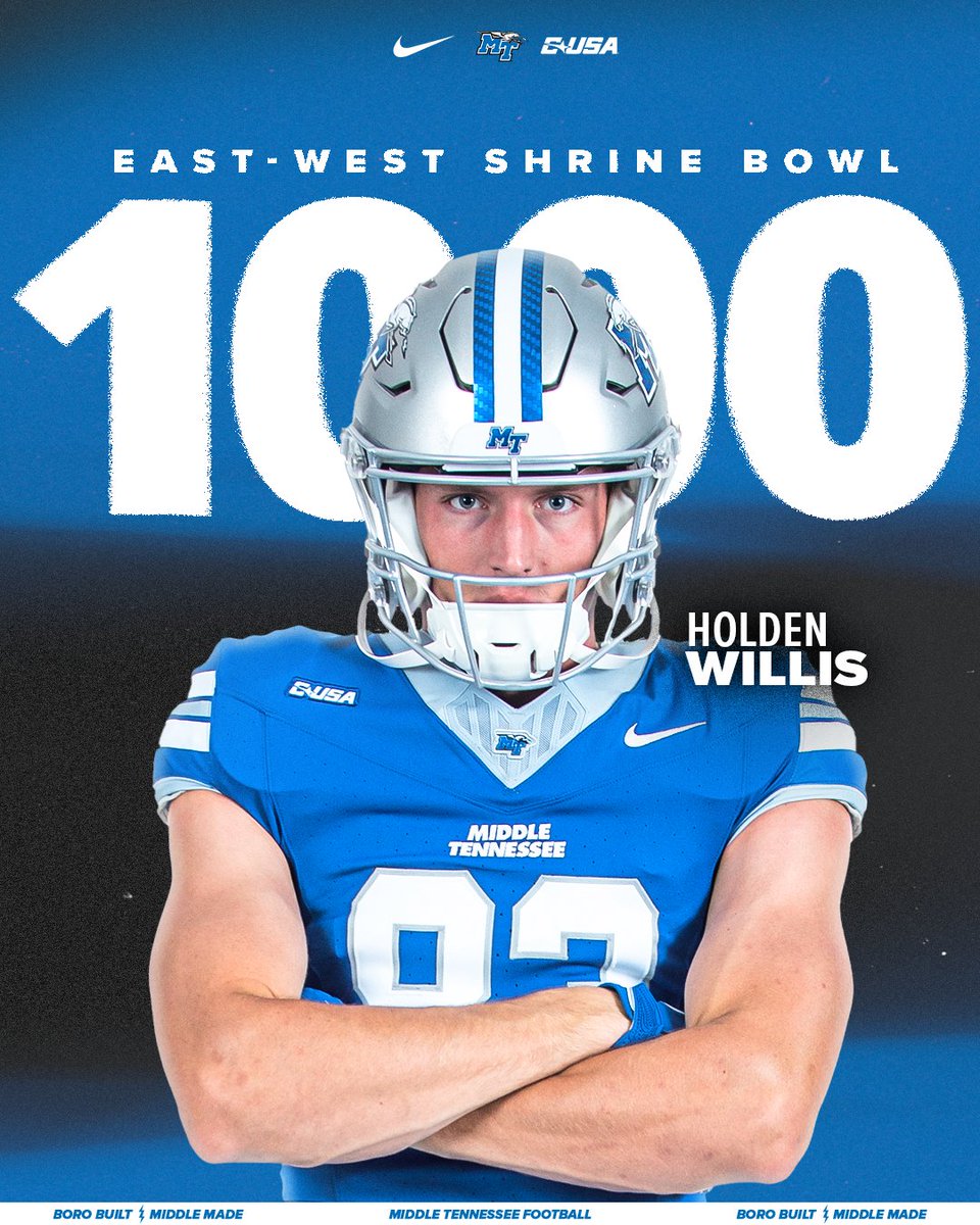 Middle Tennessee Football (@mt_fb) on Twitter photo Look out for <a href="/iamholdenwillis/">Holden Willis</a> this fall! He's on the <a href="/ShrineBowl/">East-West Shrine Bowl</a> 1000 watch list.
#BoroBuiltMiddleMade Look out for <a href="/iamholdenwillis/">Holden Willis</a> this fall! He's on the <a href="/ShrineBowl/">East-West Shrine Bowl</a> 1000 watch list.
#BoroBuiltMiddleMade