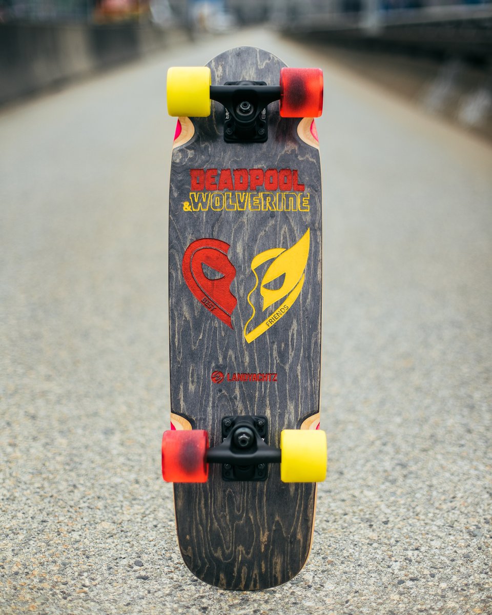 Landyachtz's tweet photo. We made a custom Deadpool &amp; Wolverine Dinghy for our friend and fellow Vancouverite @vancityreynolds (not technically friends yet). Come down to pick it up or we'll have to send it to a non-famous new friend of ours.   

#DeadpoolAndWolverine @deadpoolmovie https://t.co/zEwqpZU1Ho