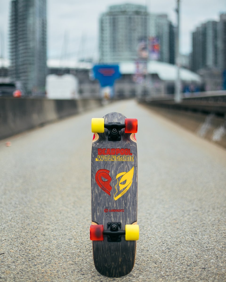 Landyachtz's tweet photo. We made a custom Deadpool &amp; Wolverine Dinghy for our friend and fellow Vancouverite @vancityreynolds (not technically friends yet). Come down to pick it up or we'll have to send it to a non-famous new friend of ours.   

#DeadpoolAndWolverine @deadpoolmovie https://t.co/zEwqpZU1Ho