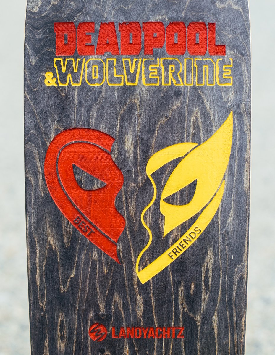 Landyachtz's tweet photo. We made a custom Deadpool &amp; Wolverine Dinghy for our friend and fellow Vancouverite @vancityreynolds (not technically friends yet). Come down to pick it up or we'll have to send it to a non-famous new friend of ours.   

#DeadpoolAndWolverine @deadpoolmovie https://t.co/zEwqpZU1Ho