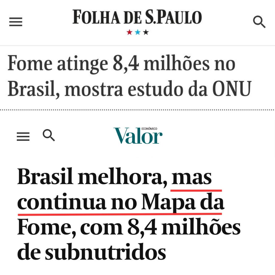 RomuloBDias's tweet photo. INACREDITÁVEL | Hoje saiu a informação de que o Brasil tirou 14,7 milhões de pessoas do mapa da fome em 2023, segundo a ONU

Mas olha como nossa imprensa corporativa noticiou https://t.co/FGK5mNNBpL