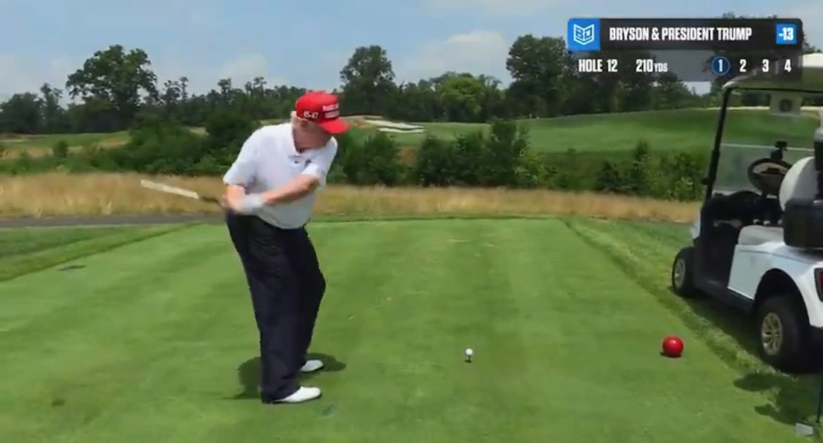 ReillyRick's tweet image. What we learned about Trump's game from Dechambeau's video:
-He parks his cart wherever the F he wants. 
-He ain't no club champ, not with a yippy putting stroke + hopelessly flat swing. 
--His drives go no more 215 yards.  That's not  gonna win diddly, much less "23 titles."
