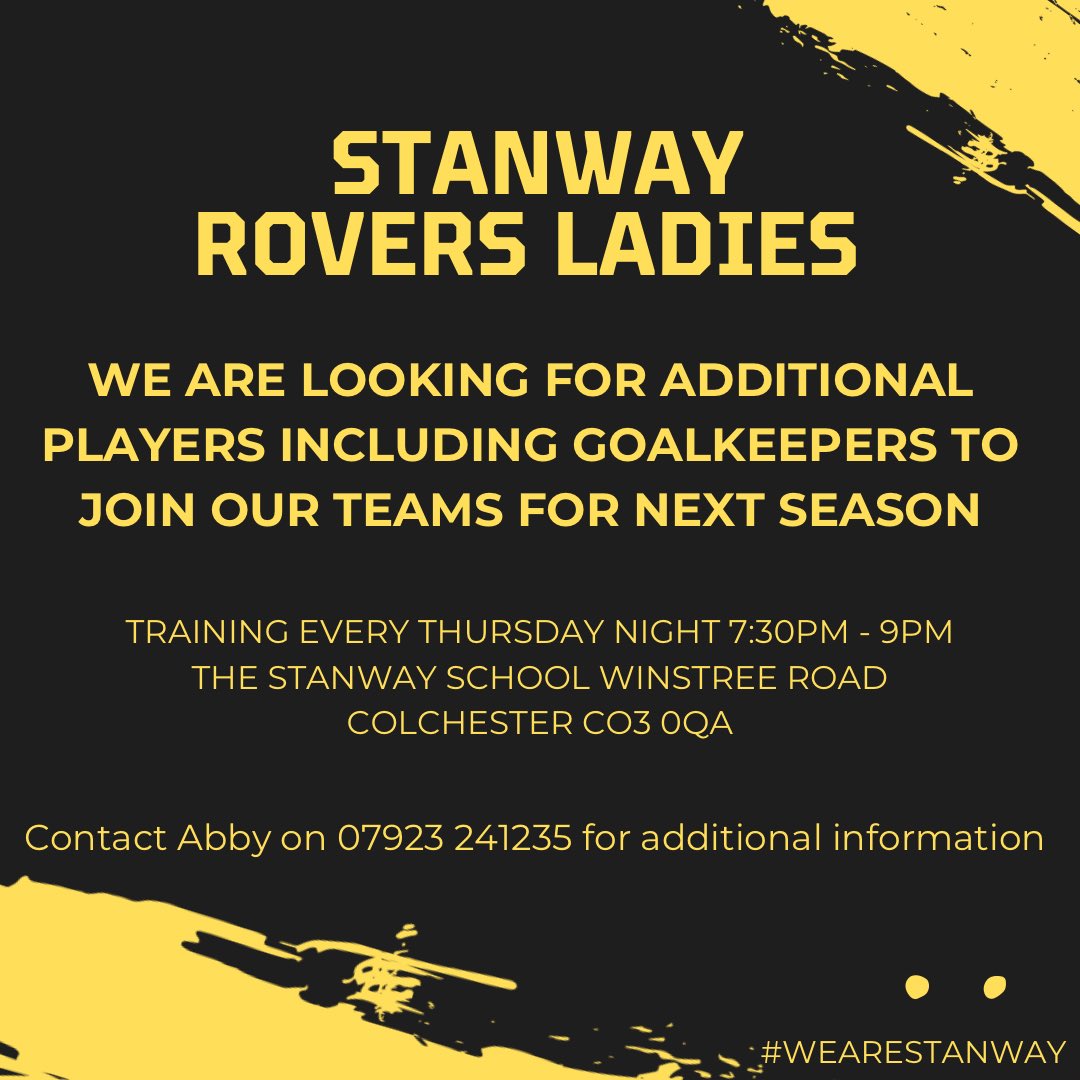 We are still on the look out for additional players to join our teams for the upcoming season. Whether you are looking for a change or a new challenge, get in contact or come along on Thursday evening! ⚫️🟡 #womensfootball #wearestanway #stanway #colchester #essex #goalkeeper