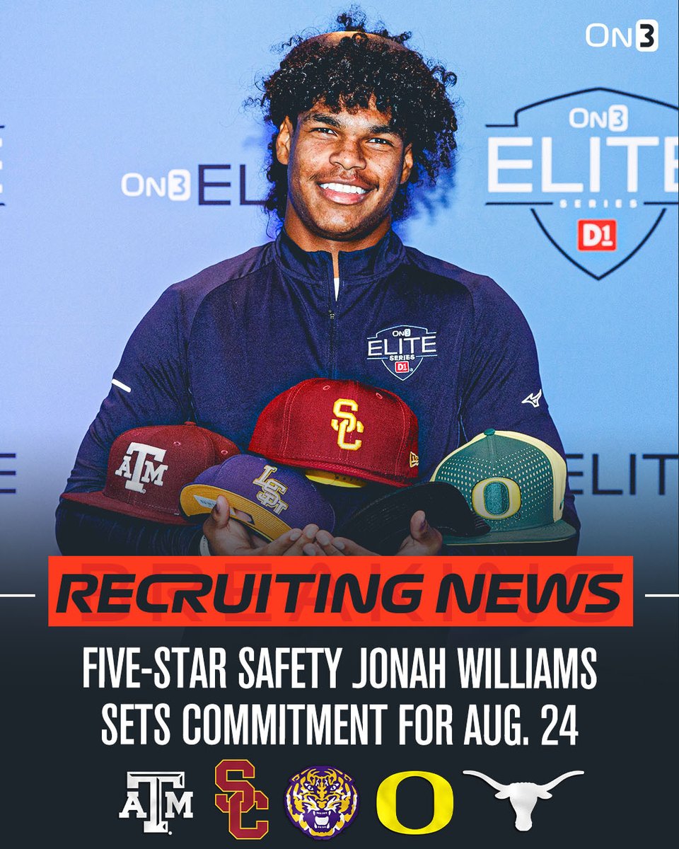 On3 Recruits (@on3recruits) on Twitter photo 🚨NEWS🚨 5-star safety Jonah Williams will announce his commitment on August 24, per <a href="/Hayesfawcett3/">Hayes Fawcett</a>‼️
Will he choose Texas, Oregon, LSU, Texas A&M or USC? 🤔
Read: on3.com/news/5-star-sa… 🚨NEWS🚨 5-star safety Jonah Williams will announce his commitment on August 24, per <a href="/Hayesfawcett3/">Hayes Fawcett</a>‼️
Will he choose Texas, Oregon, LSU, Texas A&M or USC? 🤔
Read: on3.com/news/5-star-sa…