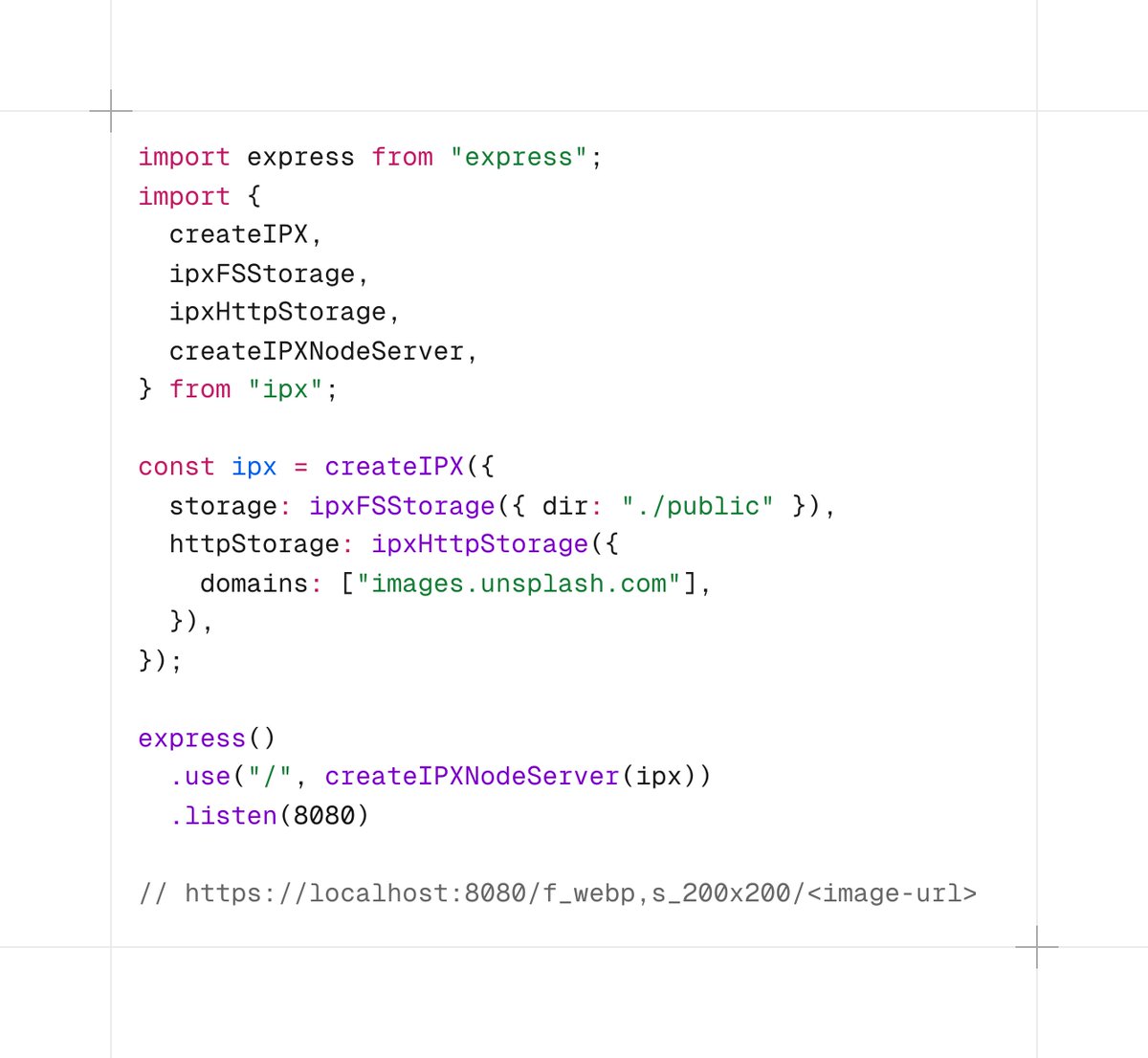 ImSh4yy's tweet image. Since image processing is a hot topic today, here's how I do it:
Set up an express server with the `ipx` middleware. Run it behind your CDN and replace your image URLs with the IPX server URL.