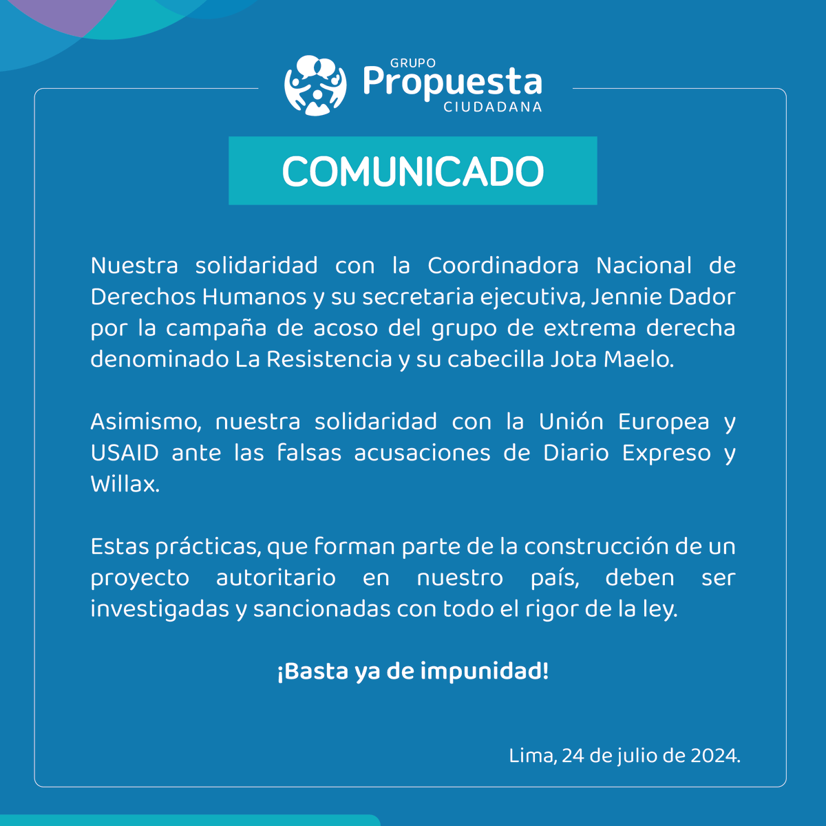 prop_ciudadana's tweet photo. 🚨 Nuestra solidaridad con @JennieDador, quien viene siendo violentada por integrantes del grupo La Resistencia. 
#BastaYadeImpunidad #NoALaImpunidad #NoalAcosoPolítico https://t.co/d9wNFoSdj3