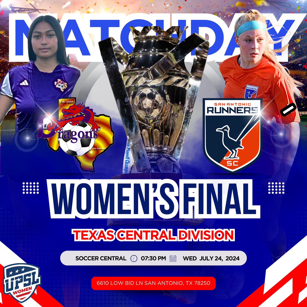 🚨MATCHDAY!  <a href="/sarunnerssc/">San Antonio Runners</a> Women pick up where <a href="/upslwomen/">UPSL Women</a> Central TX Division Final left off this past Sunday continuing the tied 0-0 match from 90’ for overtime

🆚 Lady Dragons SA at 7:30pm
⏰ 7:30pm kickoff
🏟 @soccercentralsa 
📍6610 Low Bid Ln 
🌎 San Antonio, TX
📣 #DSAvSAR