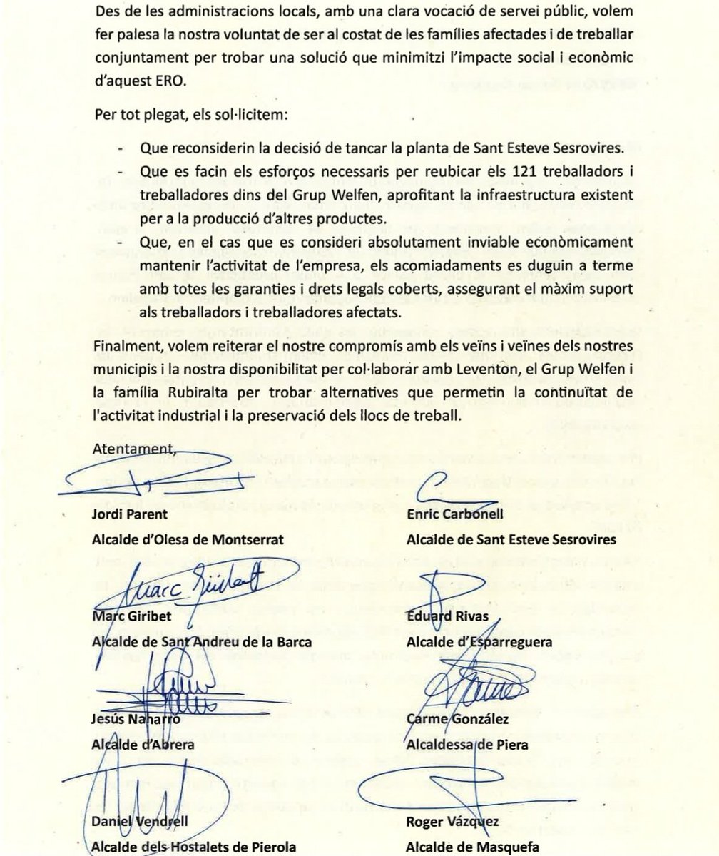 #LEVENTON
Després de la reunió d'ahir al <a href="/parlamentcat/">Parlament de Catalunya</a> amb el Comité d'Empresa de Leventon, 
Avui,  reunió amb els seus directius.
Exigim compromís social amb 121 famílies, entre elles 7 de #Masquefa, afectades per l'ERO de l'empresa de la família Rubiralta i el grup <a href="/werfen/">Werf&</a>
